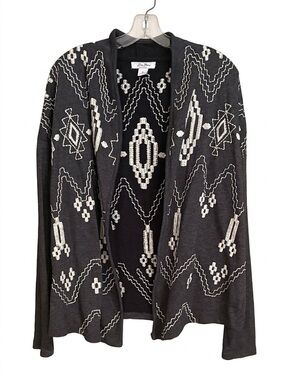 Lucky Bliss Tribal Grey & Cream Embroidered Open-Front Sweater Cardigan